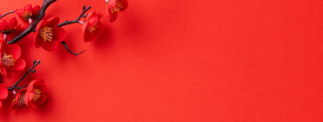 Chinese lunar new year background design concept with red plum blossom and festive decoration.