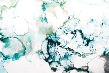 Abstract green blue gray ink watercolor background, paint stains and spots in water, luxury fluid...