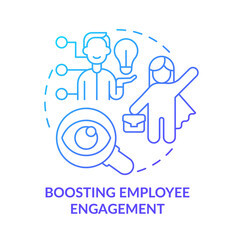 Boosting employee engagement blue gradient concept icon. Business company transparency abstract idea thin line illustration. Isolated outline drawing. Roboto-Medium, Myriad Pro-Bold fonts used