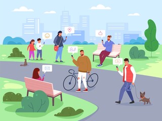 People city use smartphones. Many humans using mobile phones in street, smart online technology, crowd friends texting internet messages, digital lifestyle garish vector