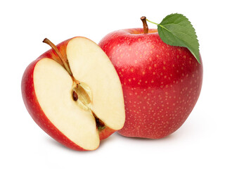 Red apple with leaves and halves isolated on white background