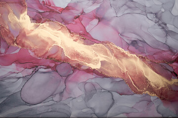 Luxury abstract background in alcohol ink technique, pink gray gold liquid painting, scattered...
