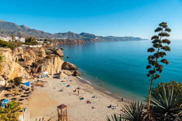 Fototapeta premium Calahonda beach in the town of Nerja one spring afternoon, Andalusia. Spain. Costa del sol in the Mediterranean Sea.