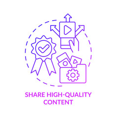 Share high-quality purple gradient content concept icon. Social media marketing abstract idea thin line illustration. Isolated outline drawing. Roboto-Medium, Myriad Pro-Bold fonts used