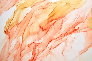 Abstract ocher watercolor on white background. Yellow orange brown paint stains and spots in water,...