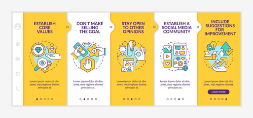 Ways to establish transparency yellow onboarding template. Business growth. Responsive mobile website with linear concept icons. Web page walkthrough 5 step screens. Lato-Bold, Regular fonts used