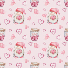 Watercolor seamless pattern from hand painted illustration of little dwarf elf, pink hearts, jam jar with candies. Print with gnome on pink background for fabric textile. Love card for Valentine's Day