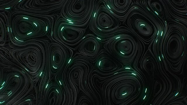 Black topographic circular lines with running matrix code and with green neon
