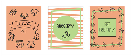 Doodle vector pet banners. Cards for the pet store, nursery. Hand drawn sketch illustration of dog and pet accessories elements bone, food, leash, training, caring, grooming a dog