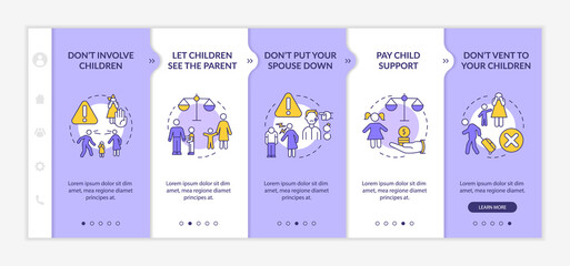 Divorce dos and donts purple and white onboarding template. Separation tips. Responsive mobile website with linear concept icons. Web page walkthrough 5 step screens. Lato-Bold, Regular fonts used