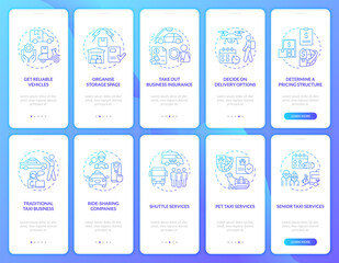 Start delivery business blue gradient onboarding mobile app screen set. Car walkthrough 5 steps graphic instructions pages with concepts. UI, UX, GUI template. Myriad Pro-Bold, Regular fonts used