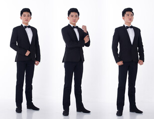 Full Length 20s Asian Business man wear black Formal Suit pants shoes for Gala Dinner and celebrate