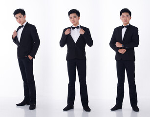 Full Length 20s Asian Business man wear black Formal Suit pants shoes for Gala Dinner and celebrate