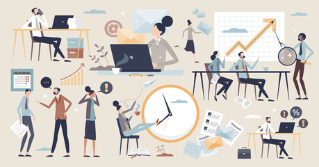 Office life scenes with business workspace items tiny person collection set. Company employees working time elements with managers, coworkers and professional labor vector illustration. Job workplace.