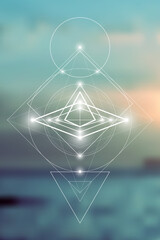 Sacred geometry inspired vector illustration with interlocking circles and triangles.
