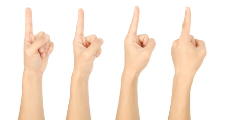 Man's hand showing one finger symbolic gesture of pointing. isolated on a white background