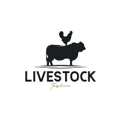 Obraz premium Livestock vintage logo with cow and chicken illustration logo design