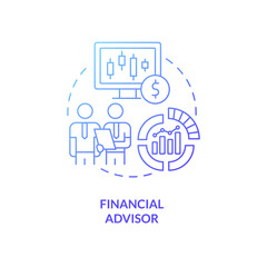 Financial advisor blue gradient concept icon. Banking and invstment. Business careers abstract idea thin line illustration. Isolated outline drawing. Roboto-Medium, Myriad Pro-Bold fonts used