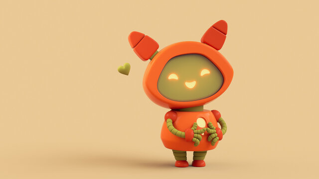 Friendly positive little orange robot girl, glowing yellow smiling face on green screen standing in shy nervous pose two index fingers touching together. Robotic happy toy, eyes ears. 3d render, heart