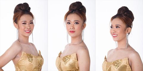 Half Body Portrait 20s Asian Beautiful woman wear Gold long ball evening Gown for gala dinner