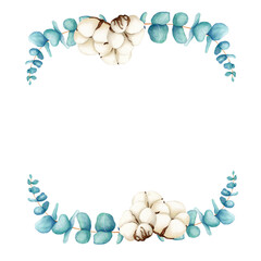 Watercolor floral wreath eucalyptus and cotton. Hand drawn isolated on white background. Botanical art background. For wedding stationary, greetings, wallpapers, fashion, background. Eucalyptus