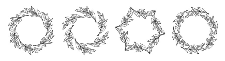 Set of floral frame circle. Vector illustration of hand-drawn. Floral wreath frame set. Isolated on white background