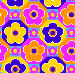 Naklejka premium Abstract Hand Drawing 70s Retro Tile Daisy Flowers and Squares Geometric Seamless Vector Pattern Isolated Background