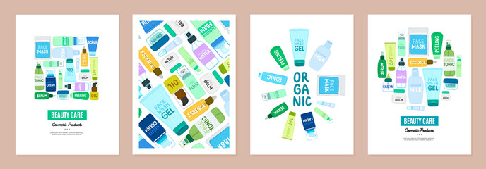 Set of cover templates with organic cosmetic products. Backgrounds with natural eco cosmetics. Beauty care. Designs is for banner, planner, invitation, poster, card, book. Vector illustration