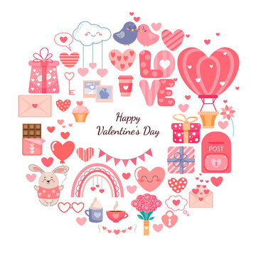 Vector festive set of elements for Valentine's Day. Suitable for creating postcards, invitations, banners, posters, prints, web design. Cartoon-style illustrations isolated on a white background