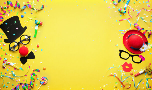 Colorful carnival or birthday party background with streamers, confetti and funny faces