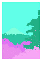 Mount Fuji landscape. Japanese Temple. Blooming sakura, japanese landscape. Vector Illustration