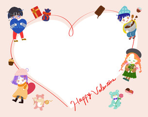 バレンタインモチーフのゆるくて可愛い女の子と男の子、クマやスイーツのフレームイラスト素材