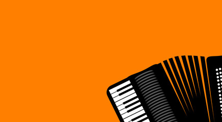 Picture, piano key ACCORDION, isolated. Wind musical instrument. Graphic on orange background, strong fresh contrast, cheerful banner. Keyboard, notes. Refers to sound. ILLUSTRATION, reference to art.