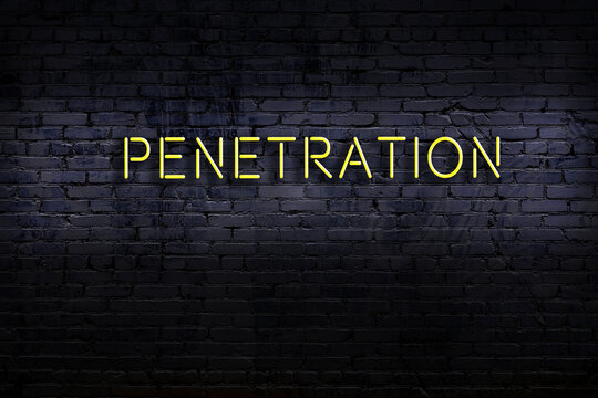 Neon Sign. Word Penetration Against Brick Wall. Night View