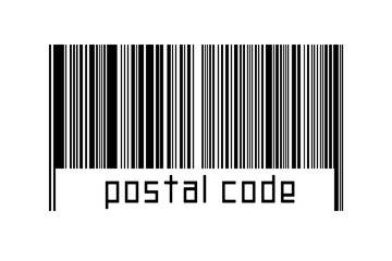 Barcode on white background with inscription postal code below - obrazy, fototapety, plakaty