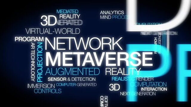 Metaverse network 3D virtual reality world tag cloud blue text 