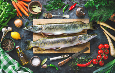 Fresh raw pike fishs and ingredients prepared for cooking