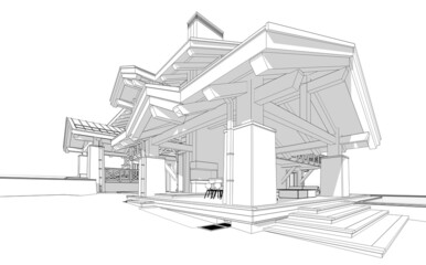 3d rendering of modern cozy chalet with pool and parking for sale or rent. Massive timber beams columns. Black line sketch with soft light shadows on white background.