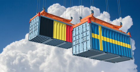 Freight containers with Belgium and Sweden national flags. 3D Rendering 