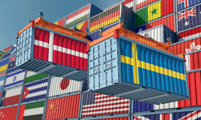 Freight containers with Denmark and Sweden national flags. 3D Rendering 