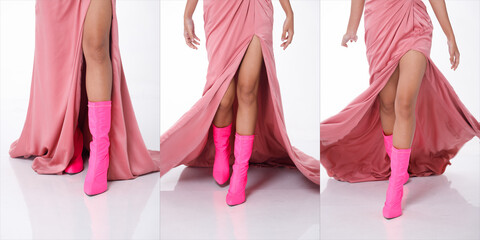 Body part Foots Shoes 20s Asian Beautiful woman wear Pink long ball evening Gown. Female wear