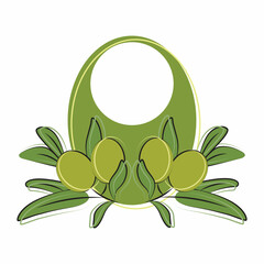 Presentation template with black olives on green background for banner or lable design. Green olive tree branch. Layout template. 