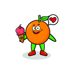 Cute Cartoon orange mascot holding ice cream cone cute modern style design for t-shirt, sticker, logo element