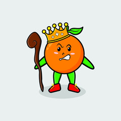 Cute cartoon orange mascot as wise king with golden crown and wooden stick cute modern style design for t-shirt, sticker, logo element