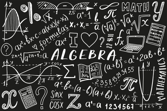 Algebra or mathematics subject doodle design. Maths symbols icon set. Education and study cover template. Back to school sketchy background for notebook, not pad, sketchbook. Hand drawn illustration.