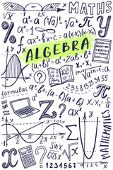 Algebra or mathematics subject doodle design. Maths symbols icon set. Education and study cover template. Back to school sketchy background for notebook, not pad, sketchbook. Hand drawn illustration. - 481174524