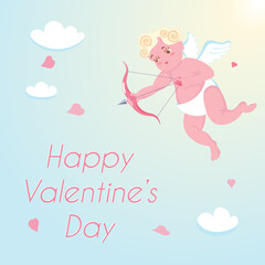 Cute baby Cupid isolated on blue sky background.