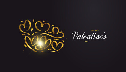 Elegant Valentine's Day Banner with Gold Heart and Shining Light Isolated on Black Background. Happy Valentine's Day Greeting Banner or Poster