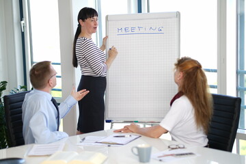 3 Büroangestellte im Meeting am Whiteboard