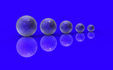 Obraz na płótnie Canvas Five balls of metal of different sizes of blue color on blue background. Growth of something. Progress. Reflection. Horizontal image. 3D image. 3D rendering.